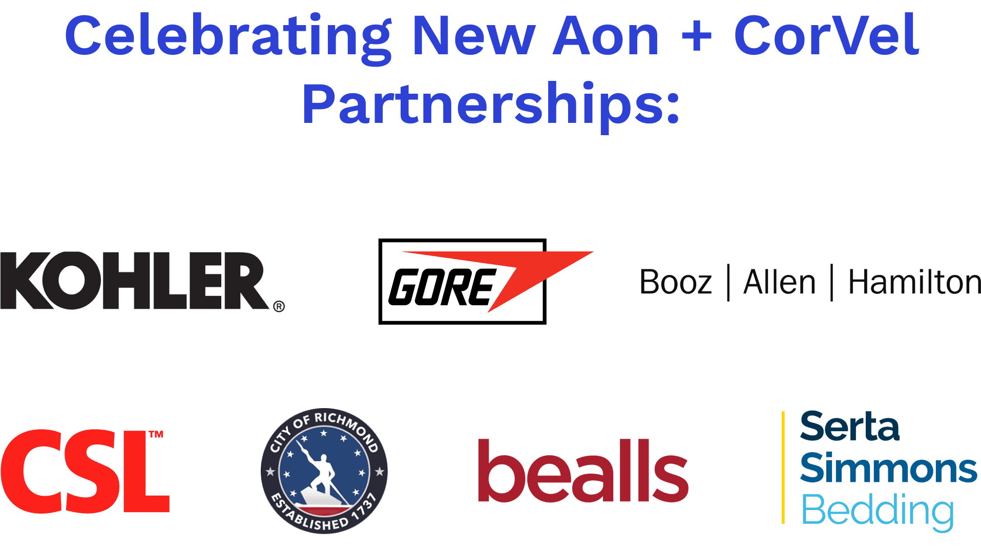 Celebrating New Aon + CorVel Partnerships: Kohler, Serta Simmons, Bealls, City of Richmond, Booz Allen Hamilton, W.L. Gore & Associates, Inc., CSL Behring, LLC