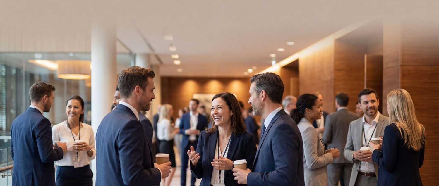 Workers’ compensation professionals networking at an industry conference and discussing strategies to improve recovery and return-to-work outcomes.