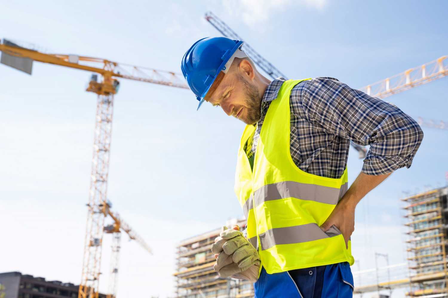 A construction worker on a job site, rubbing his painful lower back