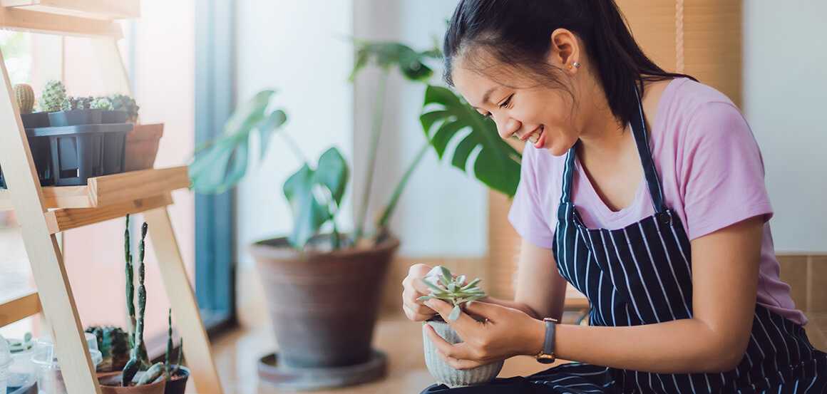 Asian young woman wearing apron caring for green indoor plant at home.New normal lifestyle concept of Hobby during quarantine and social distancing to stop spread disease of Coronavirus.