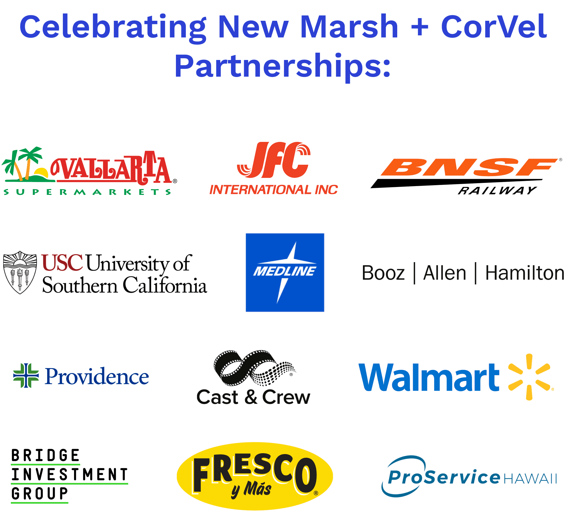 Celebrating New Marsh + CorVel Partnerships: Vallarta Supermarkets, JFC International Inc., BNSK Railway, Providence Cast and Crew Walmart Bridge Investment Group Booz Allen Hamilton Inc. Medline Industries, Fresco y mas, USC, ProService Hawaii
