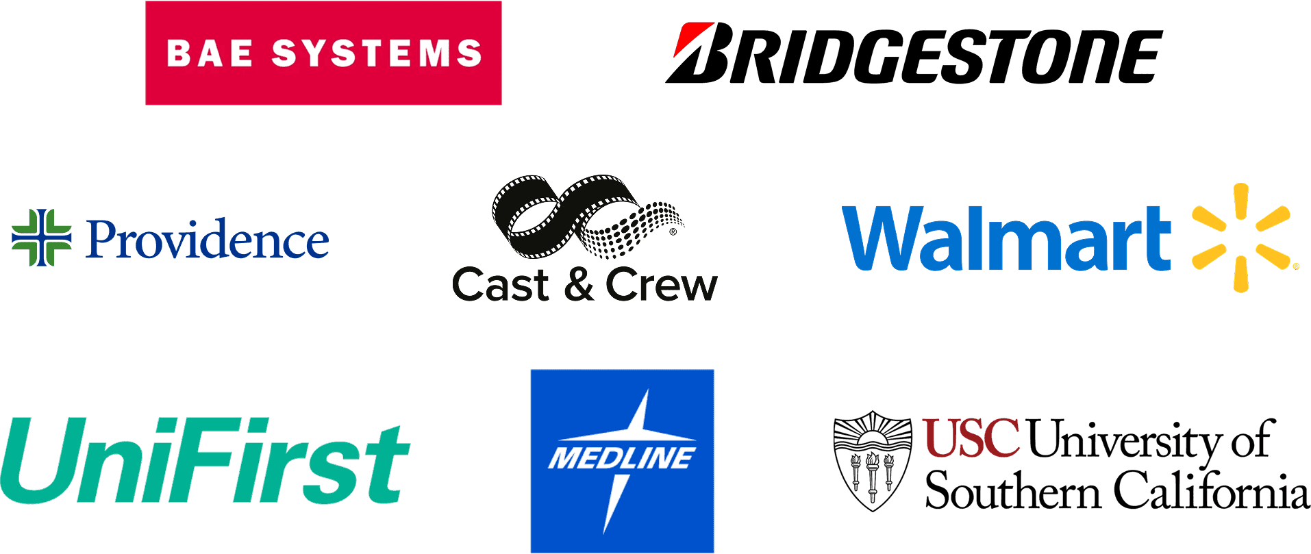 Logos of Bridgestone, Unifirst, BAE, USC, Providence, Cast & Crew, Walmart, Medline