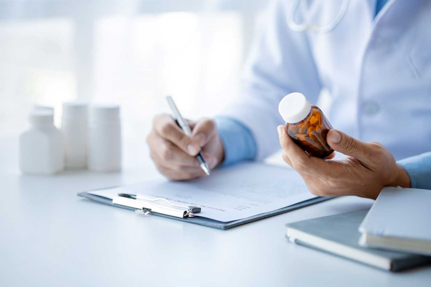 A pharmacist looking at the label on a medication bottle and writing down notes